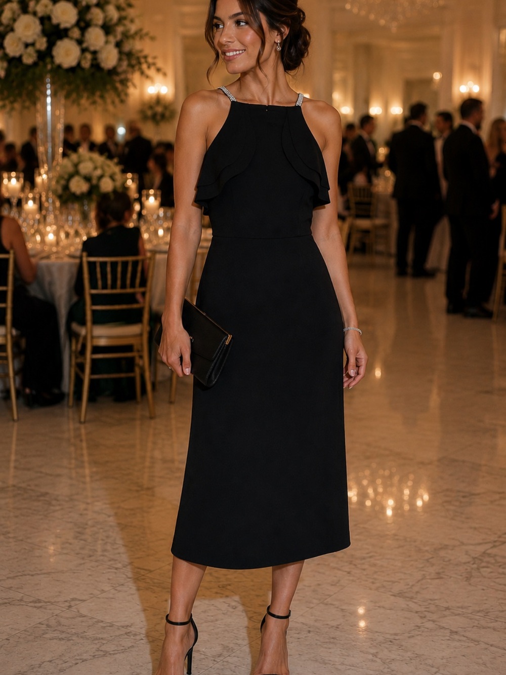 MARINA Black Midi Halter Dress with Ruffle Bodice
